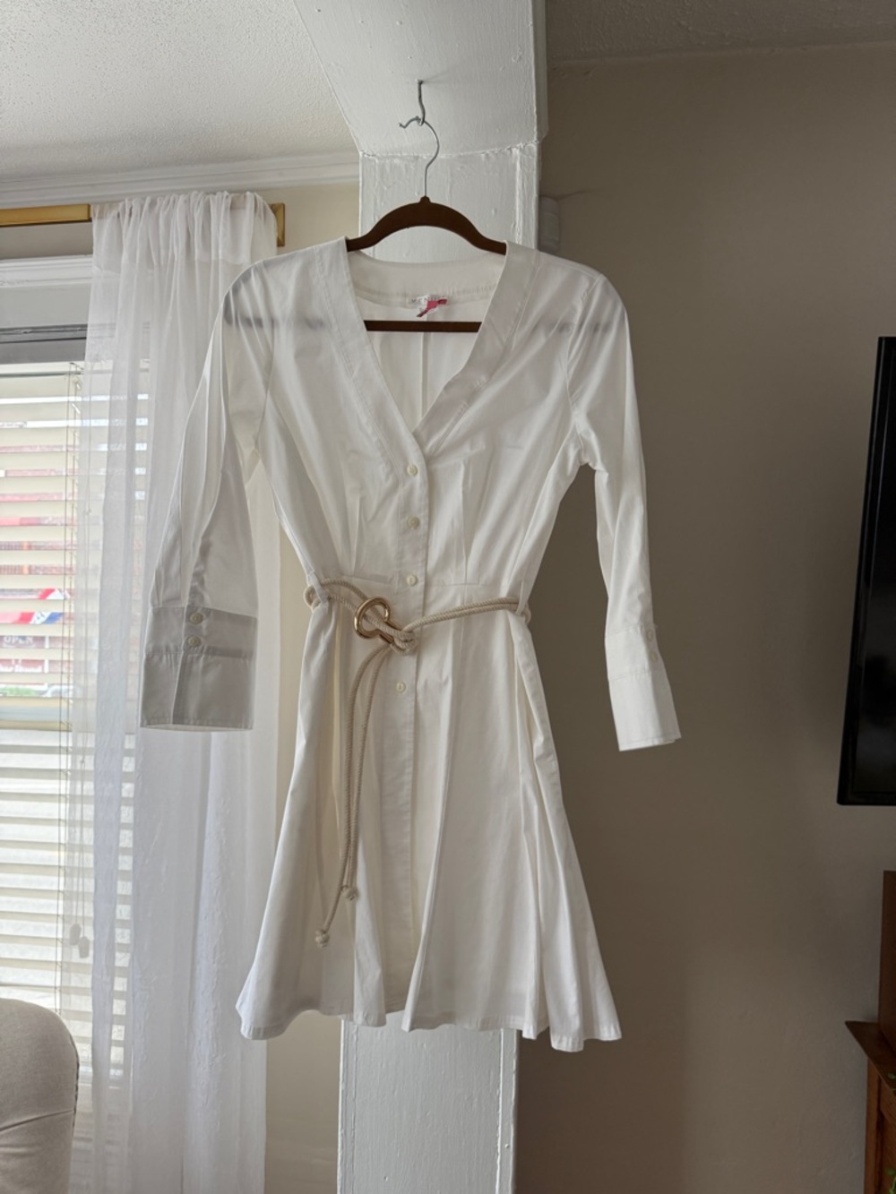 VENUS White Fit & Flare Dress Size 6 Button Front Rope Belt Gold Detail